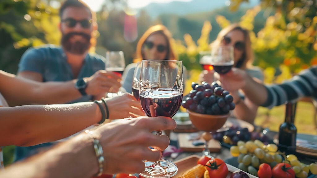 weintrinken Weinverkostung drausen, die Personen stoßen an