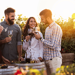 Eine Gruppe von Freunden verkostet Weiß- und Rotweine in einem Weinberg