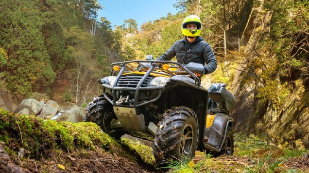 Quad fährt über hügel Ein Quad Fahrer der in einem Tal über einen Hügel fährt.