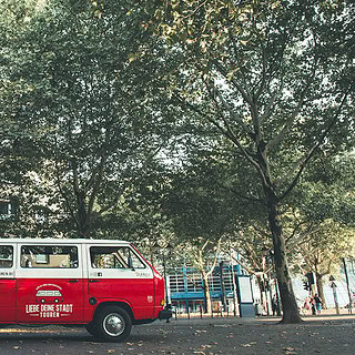 VW Bulli der vor Bäumen einer Allee parkt.