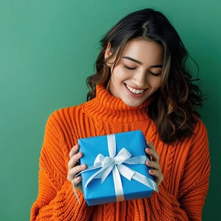 Eine Frau freut sich riesig über ihr Geburtstagsgeschenk.