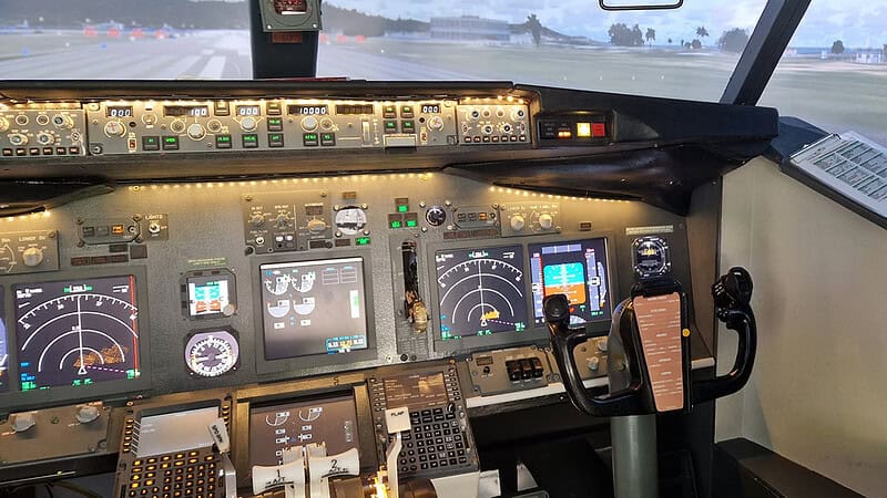 Ansicht des Flugsimulators der Boeing 737 in Frankfurt am Main. Ansicht des Cockpits