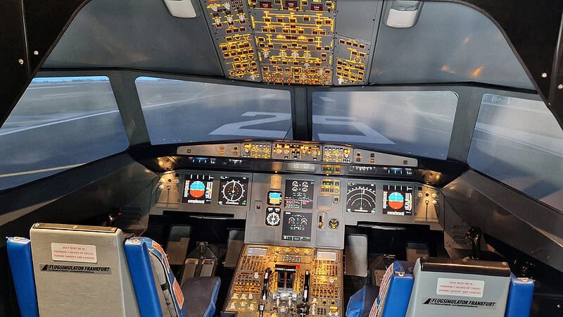 Ansicht des Cockpits des A320 Flugsimulators in Frankfurt am Main