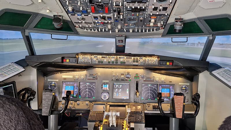 Einblick in das Cockpit und die Instrumente des Nachbaues vom Boeing 737 in Frankfurt am Main