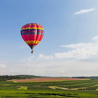 Bunter Ballon im blauen bewölkten Himmel über Grünland mit Blumen Feld- Ballonfahrt- Landschaft mit Ballon