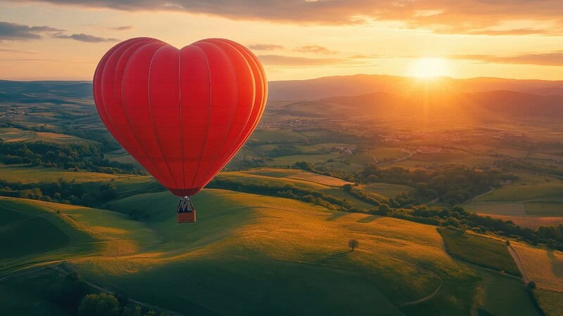 Ballonfahrt eines Herzballons mit Abendsonne über den Feldern