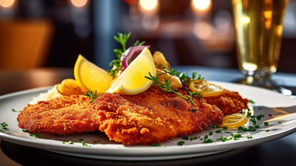 Schnitzel- Büfett- Schnitzel Gericht Mehrere Schnitzel auf einem Teller mit einer aufgeschnittenen Zitrone darauf.