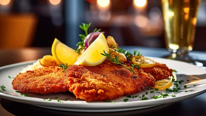 Mehrere Schnitzel auf einem Teller mit einer aufgeschnittenen Zitrone darauf.