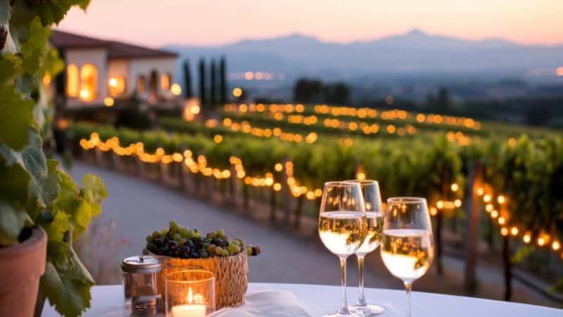 Ein Weingut in der Abenddämmerung - Weinwanderung.