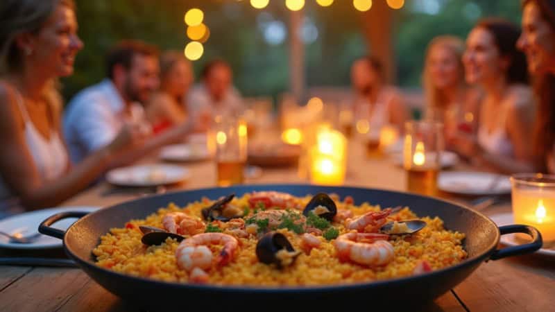 Eine Paella in einem Wok auf einem Tisch mit einer Freundesgruppe