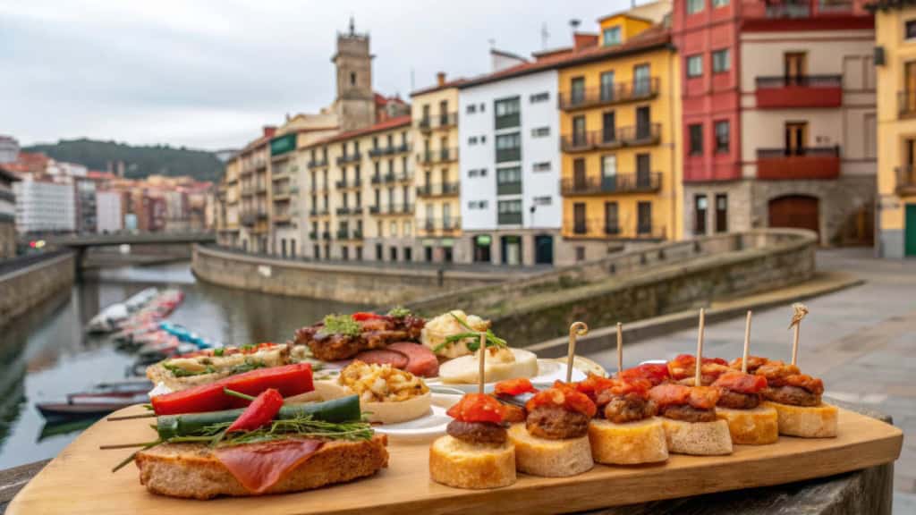 spanischer Abend- essen mit Stadt Holzbrett mit belegten Baguette Scheiben auf einer Brücke in Venedig