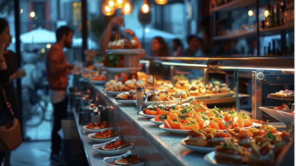 spanischer Abend- spanische Gerichte Ein langes Buffet mit vielen kleinen Speisen.