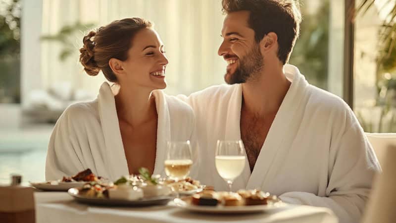 Ein lachendes Paar im Bademantel welches an einem gedecktem Tisch sitzt.